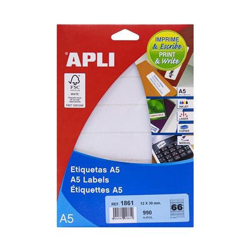 Etikett, 12x30 mm, kerekített sarkú, A5 hordozón, APLI, 990 etikett/csomag