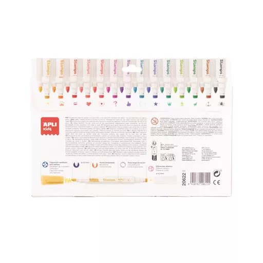 Filctoll készlet, 2,5 mm, kimosható, nyomda, APLI Kids "Stamps", 14 különböző szín és minta