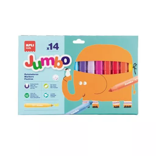 Filctoll készlet, 9,6 mm, kimosható, vastag, APLI Kids "Jumbo", 14 különböző szín
