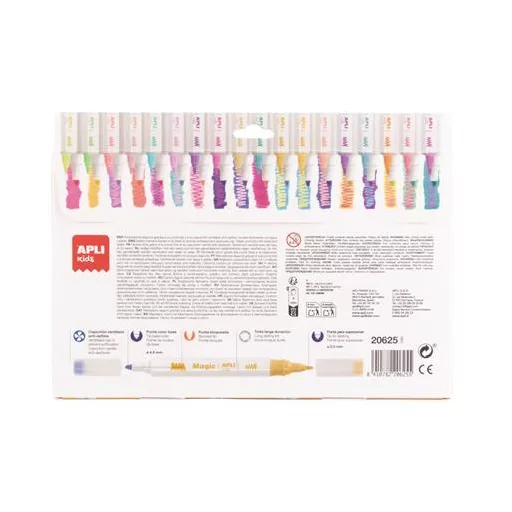 Filctoll készlet, kétvégű, kimosható, APLI Kids "Magic", 18 különböző szín