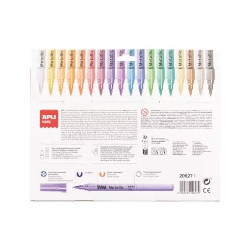 Filctoll készlet, 3,6 mm, kimosható, metálfényű, APLI Kids "Metallic", 18 különböző szín