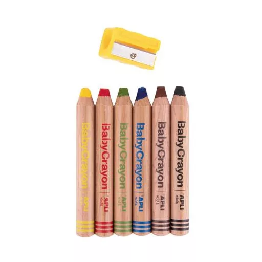 Színes ceruza készlet, vastag, hegyezővel, 3 az 1-ben, APLI Kids "Baby Crayon", 6 különböző szín