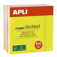   Öntapadó jegyzettömb, 75x75 mm, 400 lap, APLI "Funny", neon