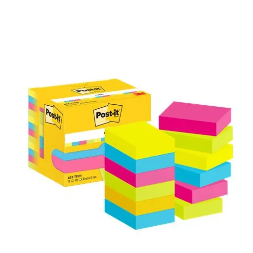 Öntapadó jegyzettömb, 38x51 mm, 12x100 lap, 3M POSTIT "Energetic", vegyes színek