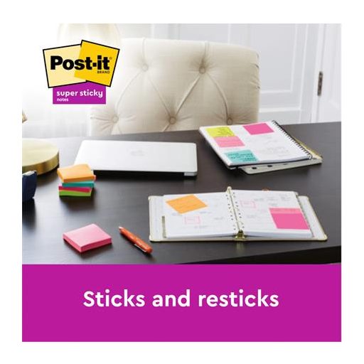 Öntapadó jegyzettömb, 76x76 mm, 6x90 lap, 3M POSTIT "Super Sticky Playful", vegyes színek