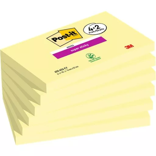 Öntapadó jegyzettömb, 76x127 mm, 4+2x90 lap, 3M POSTIT "Super Sticky", kanári sárga