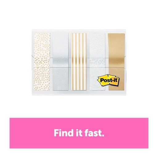 Jelölőcímke, műanyag, 5x20 lap, 11,9x43,2 mm, 3M POSTIT, fémes nyomatok