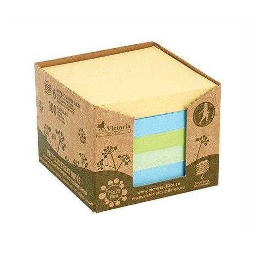 Öntapadó jegyzettömbtorony, 75x75 mm, 6x100 lap, környezetbarát, VICTORIA OFFICE, "Green", vegyes