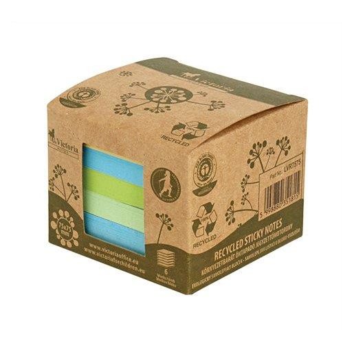 Öntapadó jegyzettömbtorony, 75x75 mm, 6x100 lap, környezetbarát, VICTORIA OFFICE, "Green", vegyes