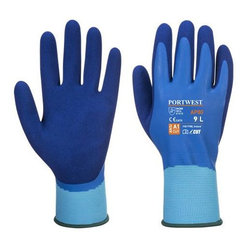 Védőkesztyű, latex, latexhab, tenyerén mártott, M méret "Liquid Pro", kék