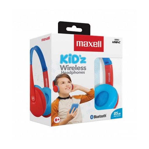 Fejhallgató, gyerek méret, vezeték nélküli, Bluetooth, mikrofonnal, MAXELL "HP-BT350", kék-piros