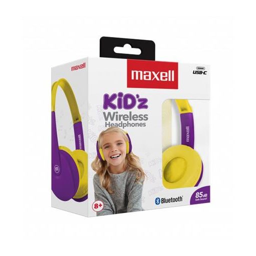 Fejhallgató, gyerek méret, vezeték nélküli, Bluetooth, mikrofonnal, MAXELL "HP-BT350", lila-sárga