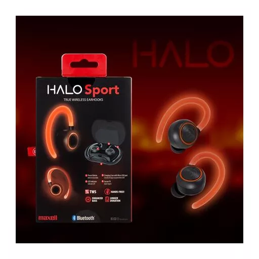 Fülhallgató, vezeték nélküli, Bluetooth, mikrofonnal, LED-es fülhallgató, MAXELL "Halo Sport", fekete