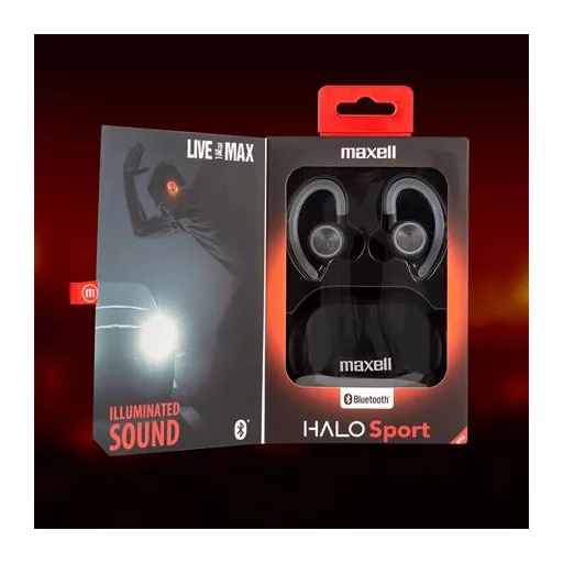 Fülhallgató, vezeték nélküli, Bluetooth, mikrofonnal, LED-es fülhallgató, MAXELL "Halo Sport", fekete