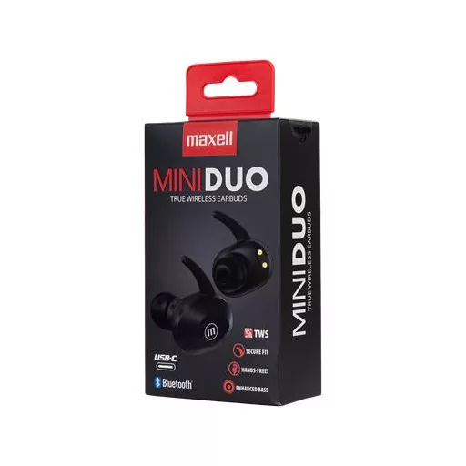 Fülhallgató, vezeték nélküli, Bluetooth 5.0, mikrofonnal, MAXELL "Mini Duo", fekete