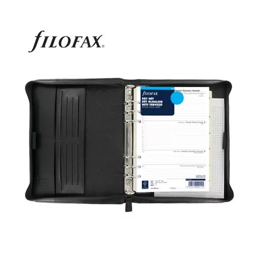 Kalendárium, gyűrűs, betétlapokkal, A5, FILOFAX "Metropol", cipzárral fekete