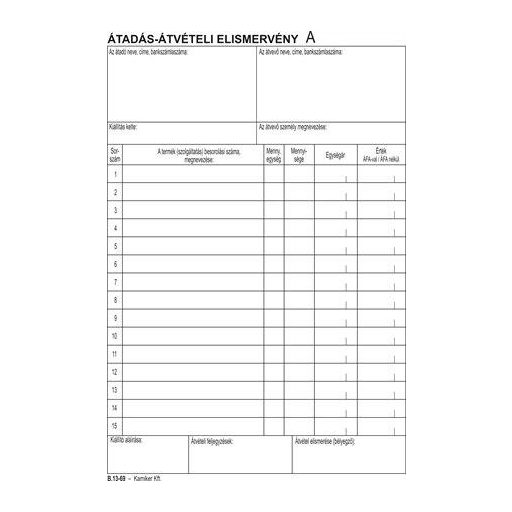 Nyomtatvány, átadás-átvételi elismervény, 25x3, A5, VICTORIA PAPER "B.13-69", 10 tömb/csomag