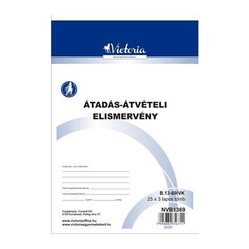 Nyomtatvány, átadás-átvételi elismervény, 25x3, A5, VICTORIA PAPER "B.13-69", 10 tömb/csomag