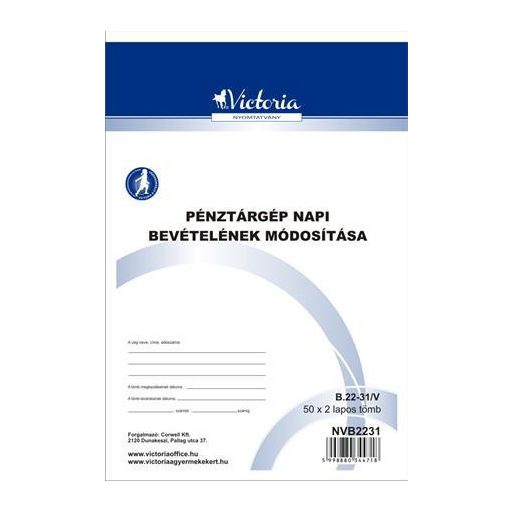 Nyomtatvány, pénztárgép napi bevételének módosító tételei, 25x2, A5, VICTORIA PAPER "B.22-31", 10 tömb/csomag