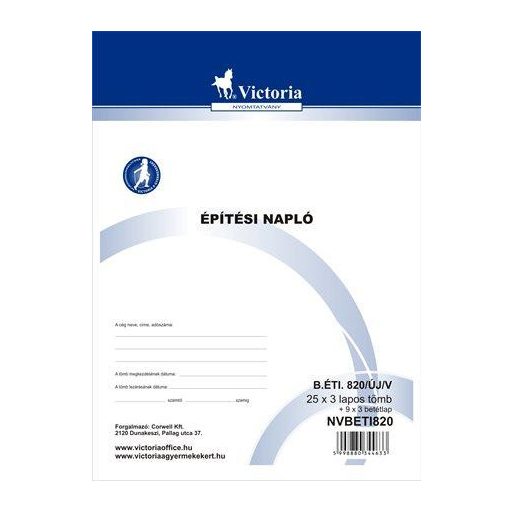 Nyomtatvány, építési napló, 25x3 + 9x3 betétlap, A4, VICTORIA PAPER "B.ÉTI.820", 10 tömb/csomag