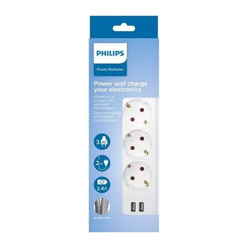 Elosztósor, 3 csatlakozóaljzat, 2xUSB-A, 2 m kábel, PHILIPS, fehér