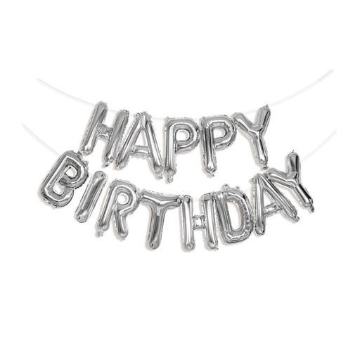 Léggömb, 40 cm, PUKKA PAD "Happy Birthday", ezüst