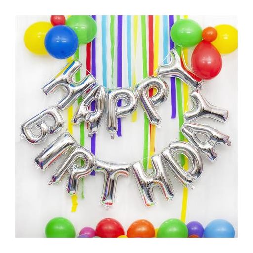 Léggömb, 40 cm, PUKKA PAD "Happy Birthday", ezüst