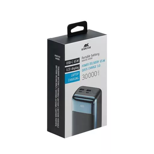 Hordozható akkumulátor, laptopokhoz, 30000mAh, QC/PD 65W, RIVACASE "VA1080"