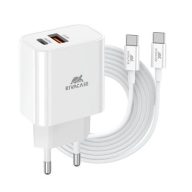   Hálózati töltő, 20W, USB-A és USB-C, USB-C, USB-C/USB-C töltőkábel, RIVACASE "PS4102", fehér