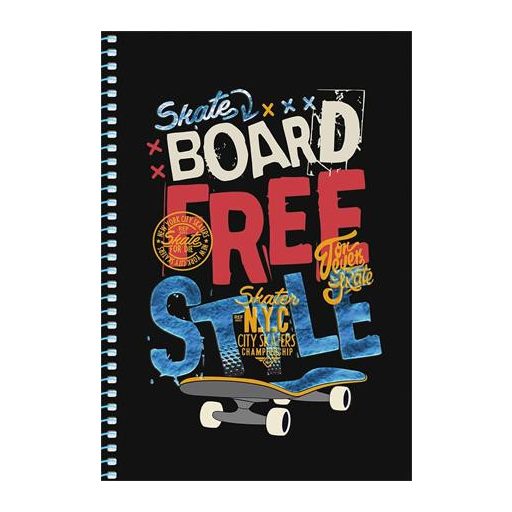 Spirálfüzet, A5, kockás, 80 lap, SHKOLYARYK " Skate board", vegyes