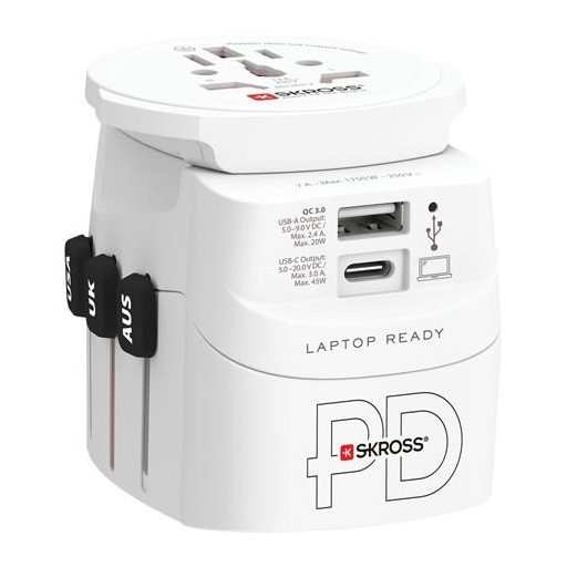 Adapter, világutazóknak, 1xUSB-A, 1xUSB-C PD, 45W, USB-C kábel, SKROSS