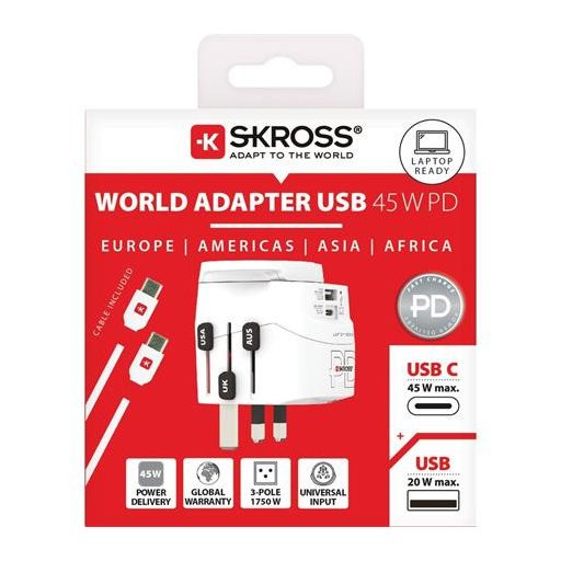Adapter, világutazóknak, 1xUSB-A, 1xUSB-C PD, 45W, USB-C kábel, SKROSS
