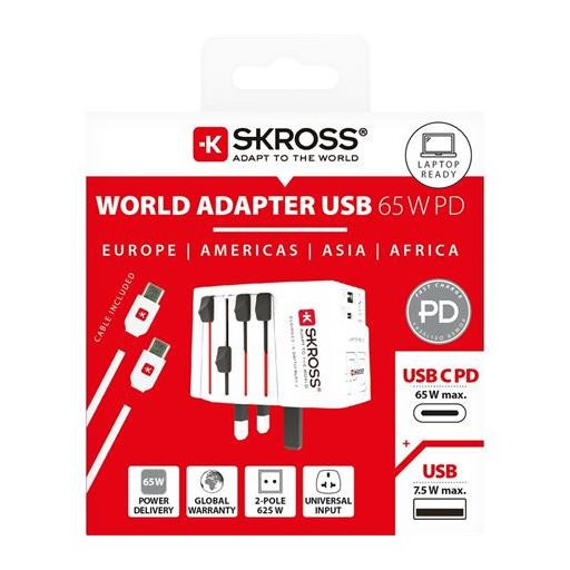 Adapter, világutazóknak, 1xUSB-A, 1xUSB-C PD, 65W, USB-C kábel, SKROSS