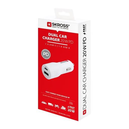 Autós töltő, 1xUSB-A, 1xUSB-C PD, 20W, SKROSS