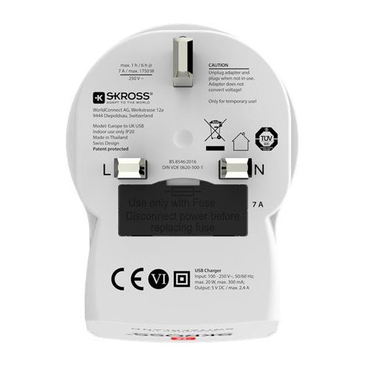 Adapter, Egyesült Királyságba utazóknak, USB, földelt, SKROSS