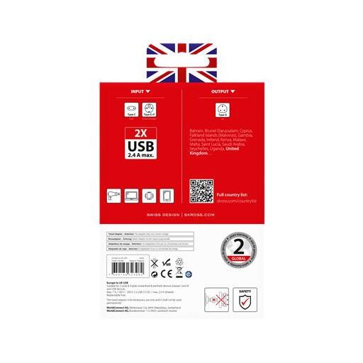 Adapter, Egyesült Királyságba utazóknak, USB, földelt, SKROSS