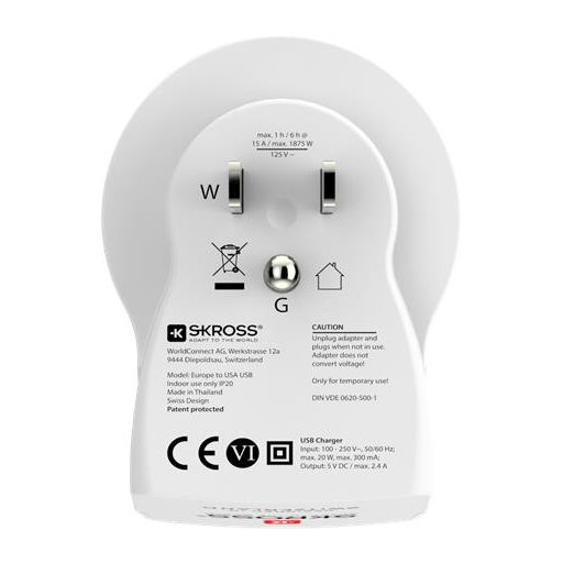 Adapter, Egyesült Államokba utazóknak, USB, földelt, SKROSS