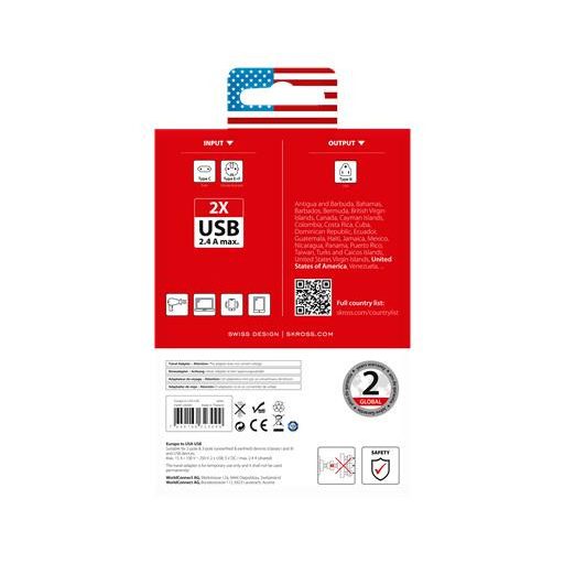 Adapter, Egyesült Államokba utazóknak, USB, földelt, SKROSS