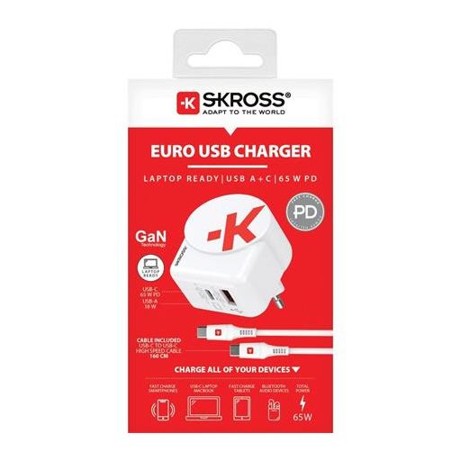 Hálózati töltő, 1xUSB-A, 1xUSB-C, PD, 65W, GaN, USB-C kábel, SKROSS