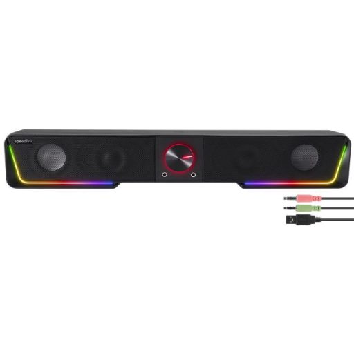 Hangszóró, 12W, 2x3.5 mm jack + USB-A, SPEEDLINK "GRAVITY RGB Stereo Soundbar", fekete