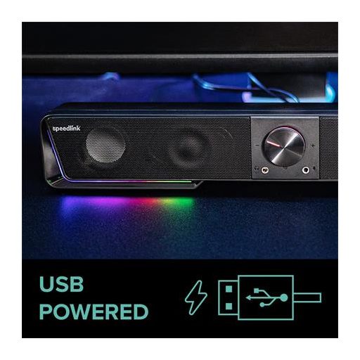 Hangszóró, 12W, 2x3.5 mm jack + USB-A, SPEEDLINK "GRAVITY RGB Stereo Soundbar", fekete
