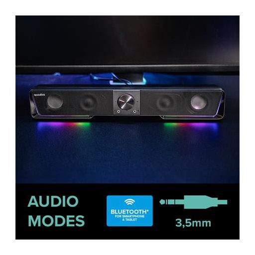 Hangszóró, 12W, 2x3.5 mm jack + USB-A, SPEEDLINK "GRAVITY RGB Stereo Soundbar", fekete