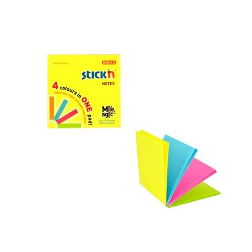 Öntapadó jegyzettömb, 76x76 mm, 100 lap, STICK N "Magic Pad" neon színek
