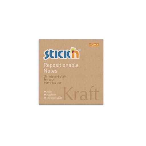 Öntapadó jegyzettömb, 76x76 mm, 100 lap, STICK N "Kraft Notes", barna