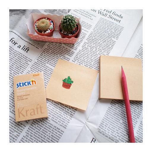 Öntapadó jegyzettömb, 76x76 mm, 100 lap, STICK N "Kraft Notes", barna