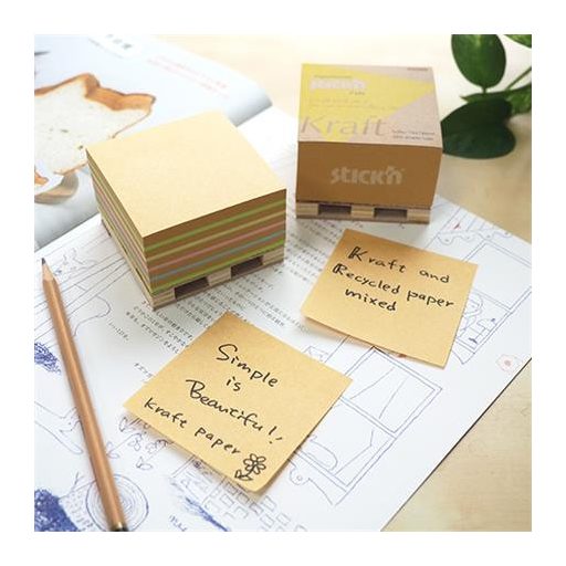 Öntapadó jegyzettömb, 76x76 mm, 400 lap, mini raklap, STICK N "Kraft Cube", barna