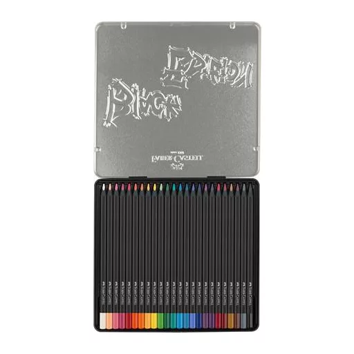 Színes ceruza készlet, háromszögletű, fémdobozban, FABER-CASTELL "Black Edition",  24 különböző szín