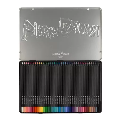 Színes ceruza készlet, háromszögletű, fémdobozban, FABER-CASTELL "Black Edition",  36 különböző szín