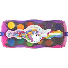   Vízfesték, 12 darabos, összeilleszthető, FABER-CASTELL "Unikornis"+1 tubus fehér tempera+unikornis matrica