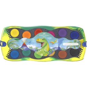   Vízfesték, 12 darabos, összeilleszthető, FABER-CASTELL "Dinoszaurusz"+1 tubus fehér tempera + dinoszaurusz matrica